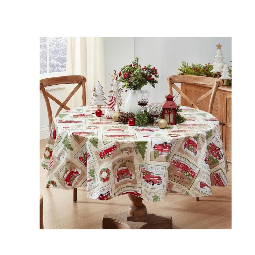 Christmas Tree Farm Red Barn Truck Vinyl Flannel Back Tablecloth 70”